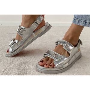 CHANEL DAD Sandals Silver laminated leather printed logo size 38